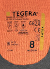 Orange och svart arbetshandske med text: "Ejendals AB Tegera 682A, CE, EN 511, EN 407, Medium 8, Latex".