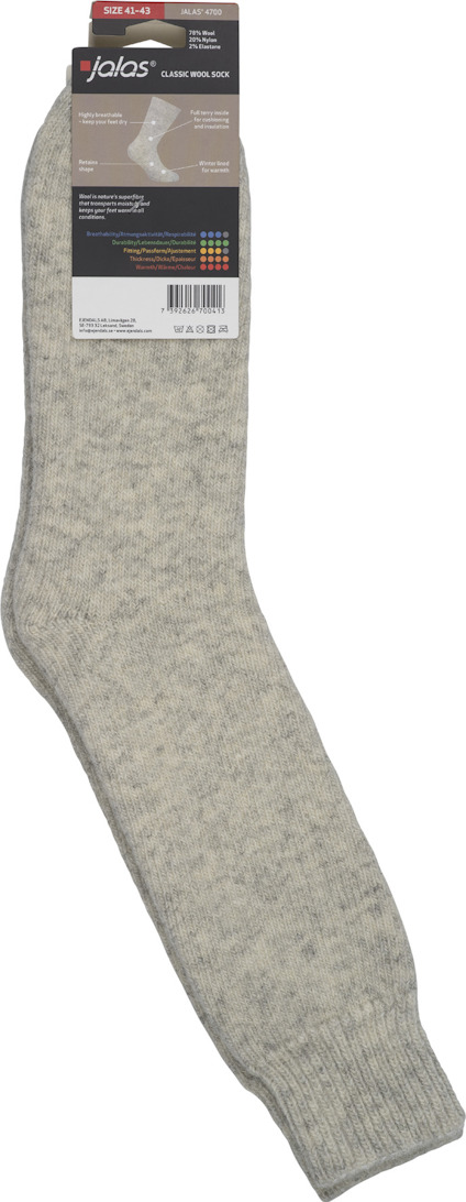 Grå socka med etikett upptill, visar färgalternativ och storlek.