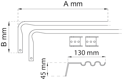 Ritning av en L-formad metallbeslag med måttangivelser A mm och B mm, samt hål och två fyrkantiga komponenter.