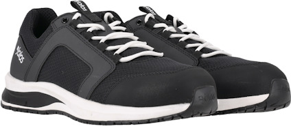 Svarta och vita låga skyddsskor med snörning och märkta med texten "JALAS" på tungan.