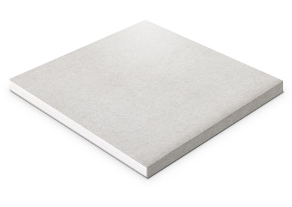 Gipsskiva med ljus, slät yta i fyrkantigt format, liggande på vit bakgrund.