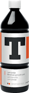 Flaska med lamppolja, etikett med stor svart bokstav T och text: "Minimal sot och lukt".