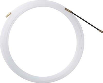 Vit spiralkabel med mässingsdetaljer och ett svart handtag.