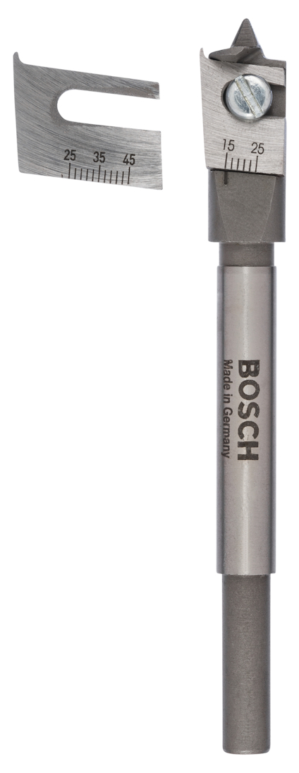Borr med justerbar skärvinkel och Bosch-logotyp. Skalan visar mått från 15 till 45.
