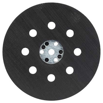 Svart sliprondell med nio hål i två cirklar, centrerad metalldel med sex hål.