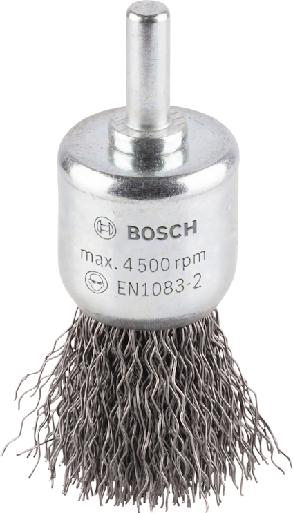 Borste med metalltrådar och text: "Bosch, max 4,500 rpm, EN1083-2".