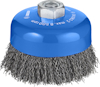 Blå kopparborste med metalltrådar och en sexkantig fästpunkt. Märkt "Bosch" och "Max 8500 rpm".