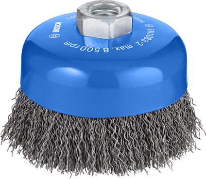 Blå kopparborste med metalltrådar och en sexkantig fästpunkt. Märkt "Bosch" och "Max 8500 rpm".