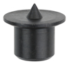 Svart konisk plastplugg med platt, rund översida och en spets i mitten.