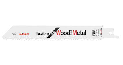 Vitt sågblad med text: "flexible for Wood and Metal" och "BOSCH".