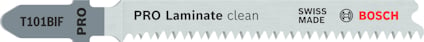 Sticksågblad Bosch PRO Laminate clean, med tandning och text "T101BIF", "SWISS MADE".