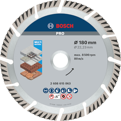 Rund sågklinga märkta med "Bosch Pro", diameter 180 mm, max 8500 rpm, 80 m/s, multi-material symboler.