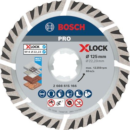 Cirkelformat sågblad från Bosch med texten "X-LOCK", "Ø125 mm", och andra tekniska specifikationer tryckta.