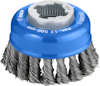 Rund trådborste med blå hylsa och invändig gänga. Märkt "Bosch" och "max. 4 500 RPM".