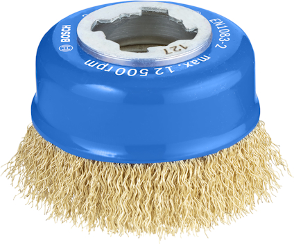 Blå stålborste från Bosch, max 12500 rpm, med täta metallborst.