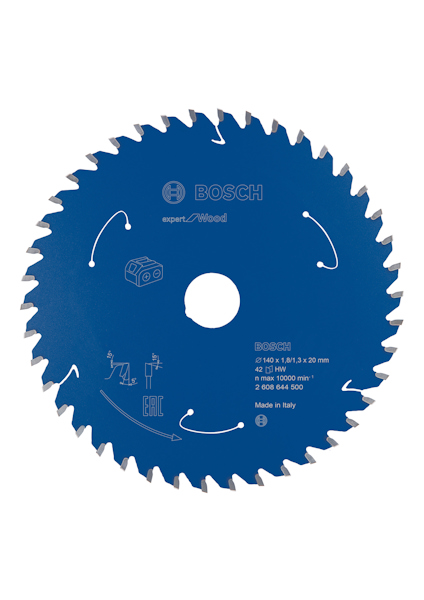 Blå cirkelsågklinga med texten "Bosch Made in Italy".