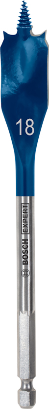 Blå spadformad borr med märket "18" och texten "Bosch".