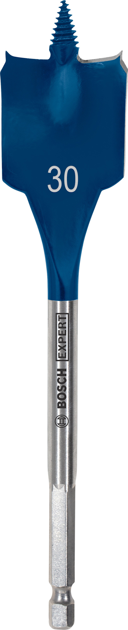 Blå spadeborr med text "30" och "Bosch Expert" på skaftet.