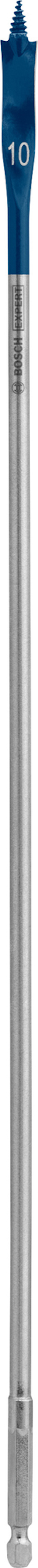 Borr med blå spets och markering "10" på en lång, metallisk stång.