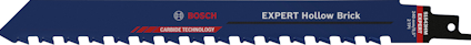 Blått sågblad med vita tänder, text: "Bosch EXPERT Hollow Brick, CARBIDE TECHNOLOGY".