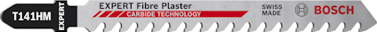 Sticksågblad i metall med text: "T141HM, EXPERT Fibre Plaster, CARBIDE TECHNOLOGY, SWISS MADE, BOSCH".