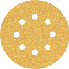 Rund sandpappersskiva med sex hål, gul och grovkornig yta.