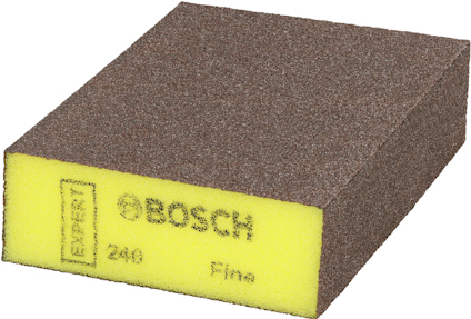 Sandpapperssvamp med märken "BOSCH", "240", och "Fine", brun yta och gul mitt.
