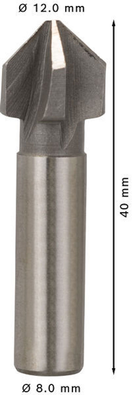 Borr med konisk spets, diameter 12.0 mm och längd 40 mm, skaft 8.0 mm.