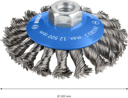 Stålborste med flätade trådar, blå skiva och borstdiameter 100 mm, märkt "Bosch". Max 12 500 rpm.