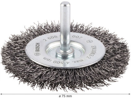 Stålborste med 75 mm diameter, Bosch 2.608.608.007, max 4500 rpm, EM1Q93.