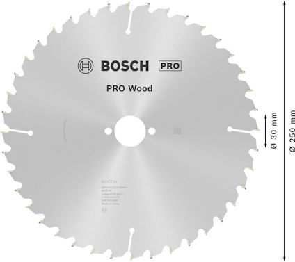 Runt sågblad med tänder och text "BOSCH PRO Wood", diameter 250 mm, håldiameter 30 mm.