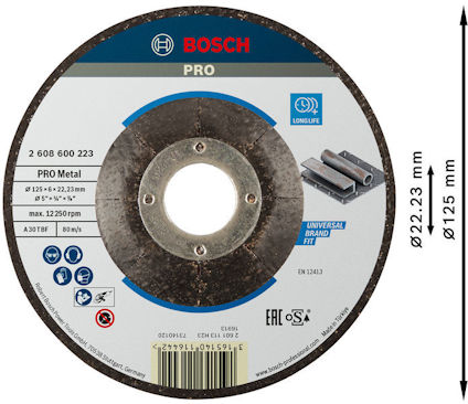 Rund kapskiva från Bosch, Pro Metal, Ø 125 mm x 22,23 mm, max 12500 rpm, med varumärketiketter och text.