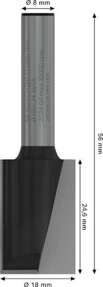 Fräsbit med en diameter på 18 mm och längd på 56 mm, skärlängd 24,6 mm.