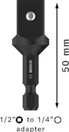 Adapter för 1/2-tums fyrkant till 1/4-tums sexkant, längd 50 mm, märkt "Bosch".