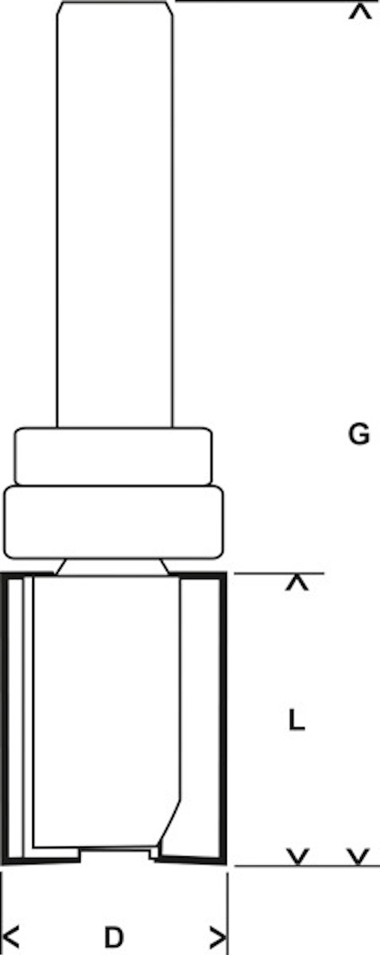 Svartvitt tekniskt diagram av ett cylindriskt objekt med märkningar: A, G, L, V, D.