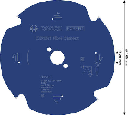 Blått Bosch sågblad för fibercement, med tryckt text och dimensionsmått 165 mm x 20 mm, 4T.