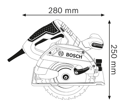 Illustration av en cirkelsåg med mått: 280 mm x 250 mm, märkt "BOSCH".