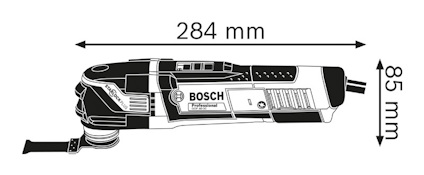 Illustration av ett Bosch-verktyg, 284 mm långt och 85 mm brett.