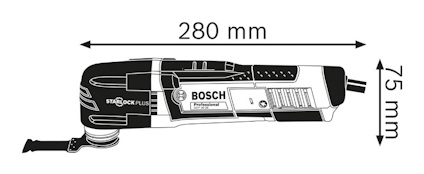 Svartvit illustration av ett Bosch Starlock Plus-verktyg, med mått 280 mm x 75 mm.