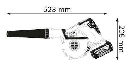 Illustration av en Bosch lövblås med dimensionerna 523 mm x 208 mm, batteridriven med 18V system.