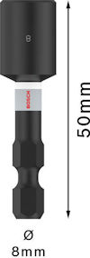 Bitshållare med 8 mm hylsa, 50 mm lång, svart med vit detalj och Bosch-märke.