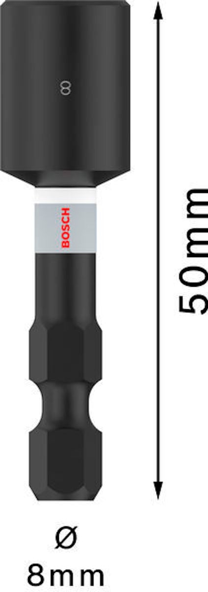 Bitshållare med 8 mm hylsa, 50 mm lång, svart med vit detalj och Bosch-märke.