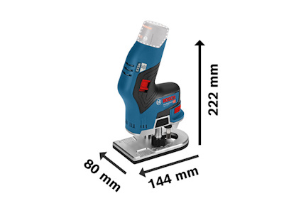 Blå och svart elektrisk verktyg, mått angivna: 80 mm bredd, 144 mm djup, 222 mm höjd.