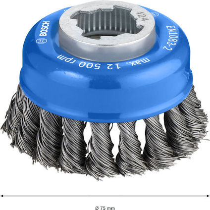 Blå stålborste från Bosch med snurrade borst. Märkt "max. 12 500 RPM" och "Ø 75 mm".