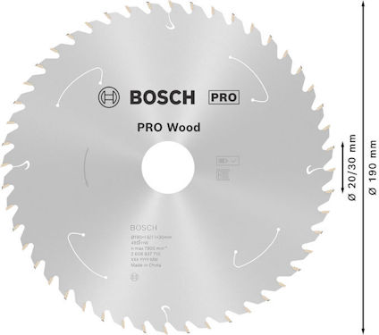 Cirkelsågklinga med märkningen "BOSCH PRO Wood", silverfärgad med tydliga skärtänder, diameterangivelse 190 mm.