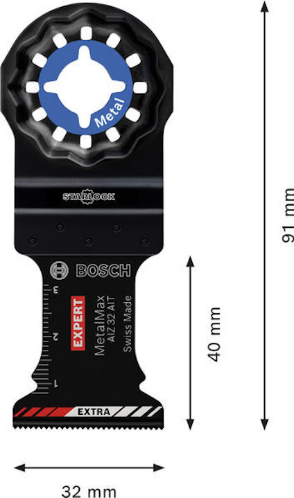 Multiverktygsblad från Bosch med inskriptioner: "Expert Metal Max, Swiss Made", mått: 91 mm (längd), 32 mm (bredd).