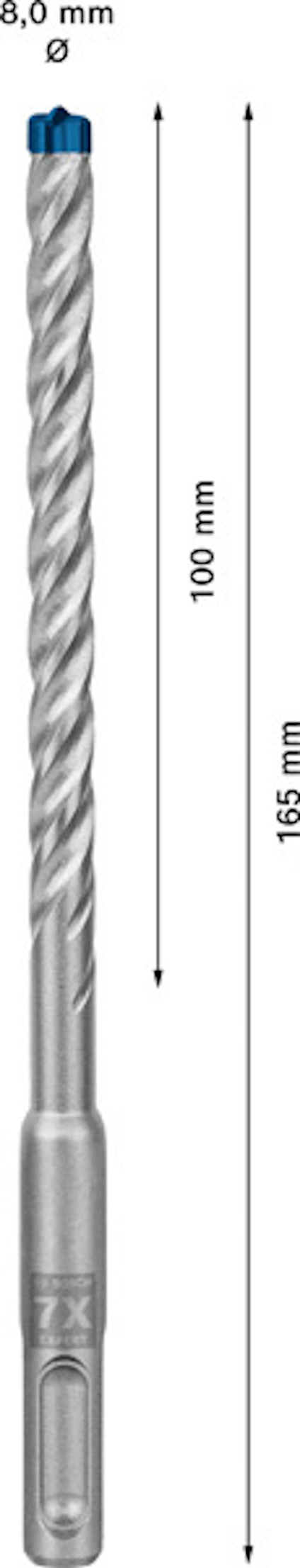 Borr av metall, längd 165 mm, arbetslängd 100 mm, diameter 8 mm.