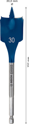 Borr med platt spadform, metalliskt blått, märkt "30" och "Bosch". Mått: 30 mm bredd, 152 mm längd.
