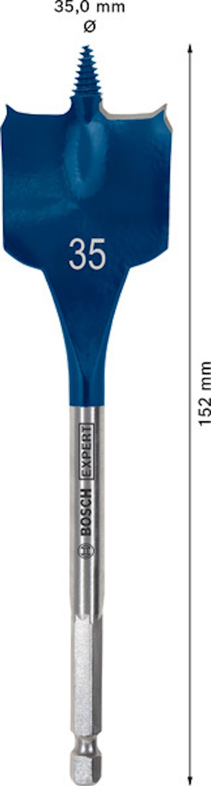 Blå paddelbits med text: "BOSCH Expert SelfCut", storlek 35 mm, längd 152 mm.