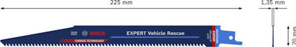 Sabelsågblad med texten "EXPERT Vehicle Rescue", 225 mm lång, 1.35 mm tjock och 20 mm bred.